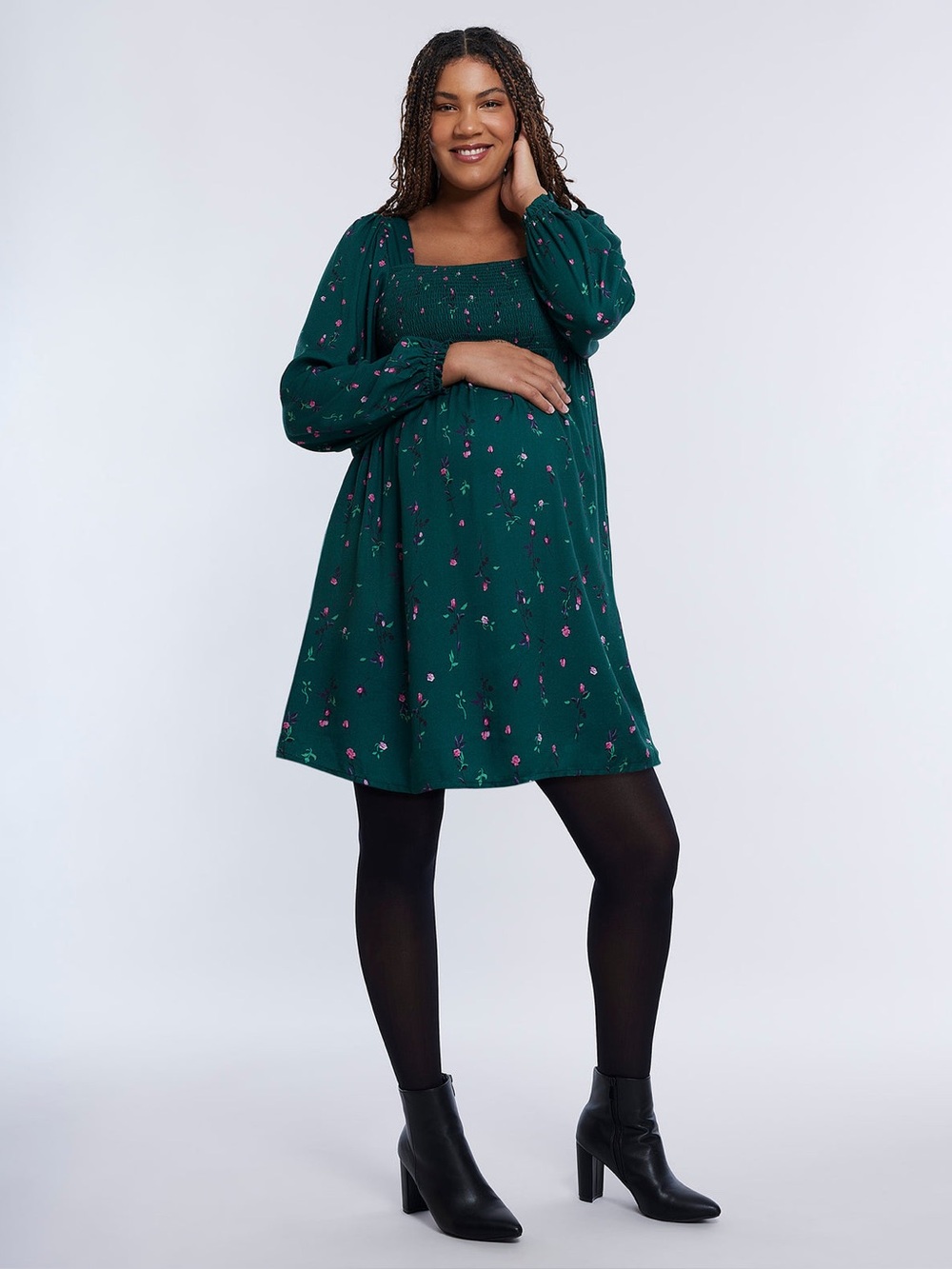 Motherhood Maternity Long Sleeve Smocked Empire Waist Dress Green Pink M Medium